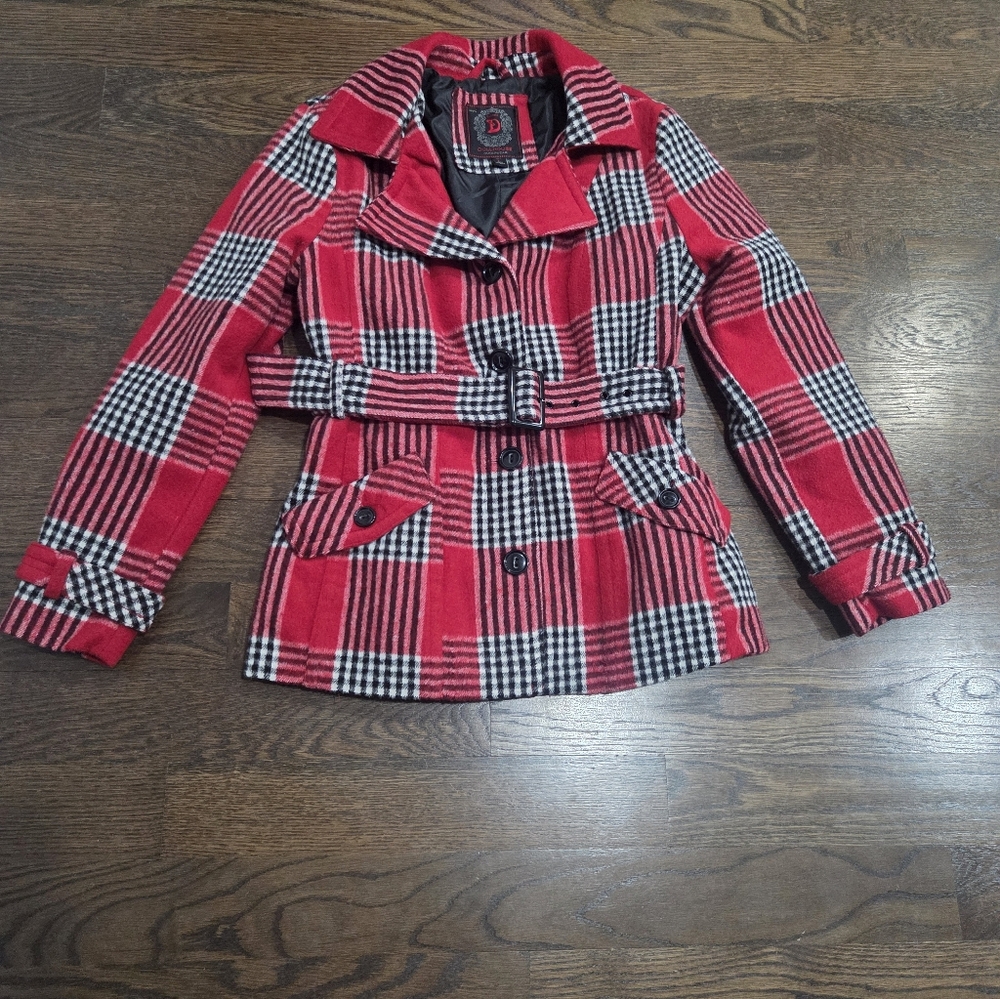 Dollhouse Red and Black Plaid Pea Coat Sz.L